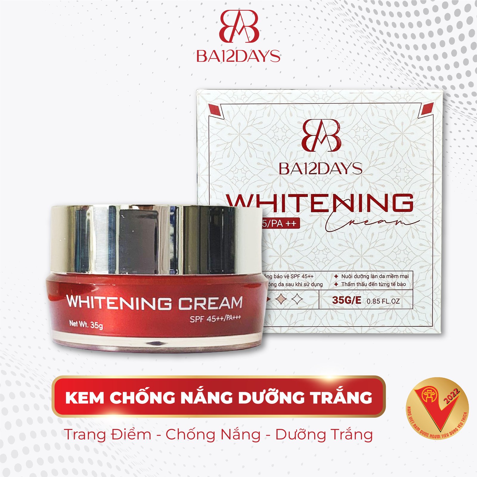 Kem Chống Nắng  Nâng Tone Sáng Hồng BB SPF 45/PA++ Whitening Cream - Ba12days Cosmetics